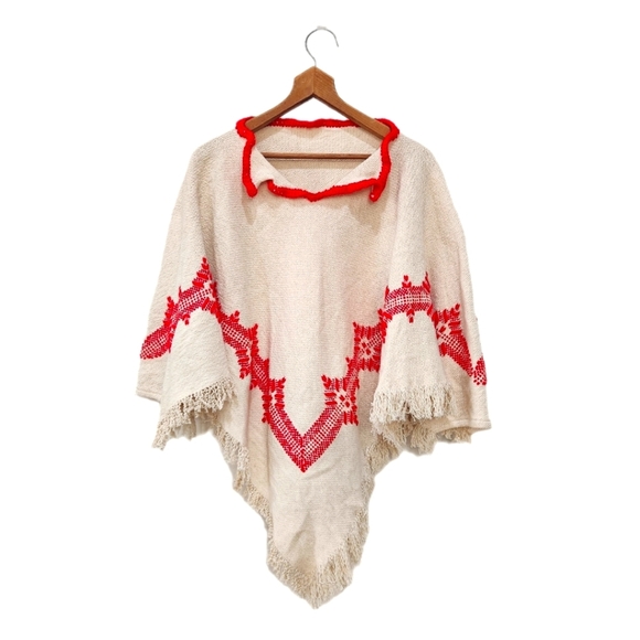Vintage Sweaters - VINTAGE 70'S HAND WOVEN HAND KNIT PONCHO/Shrug, RED/CREAM, Women's Medium
